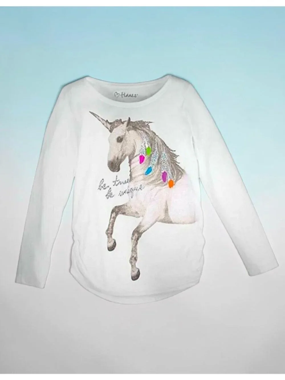 Girls XL Hanes Long-Sleeve White T-Shirt With Unicorn Graphic & Glitter Accents